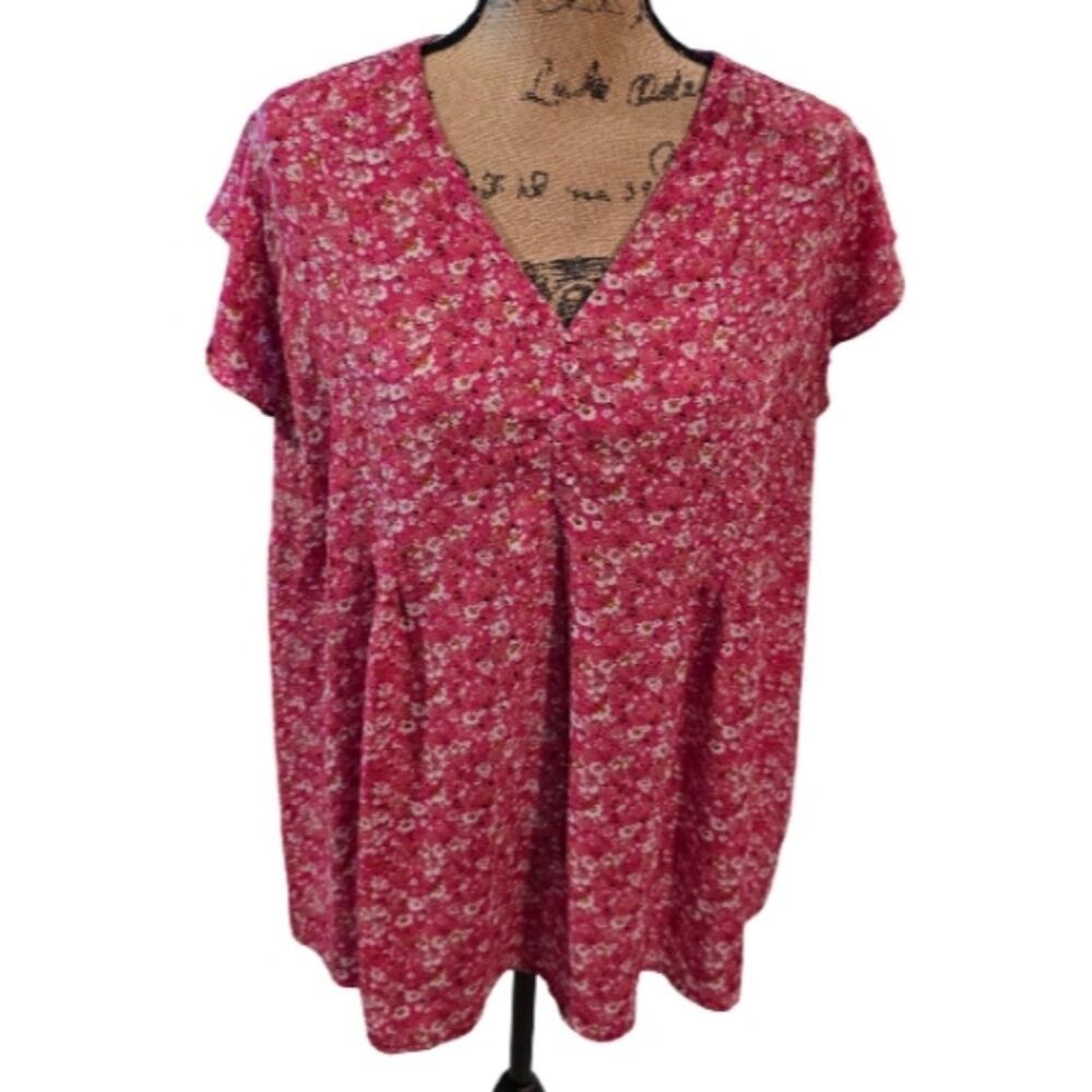 Cynthia Rowley Pink Floral Flutter Sleeve V Neck Button Front Tunic Top Womens